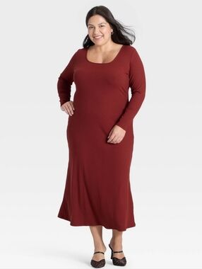 Women's Long Sleeve Rib-Knit Maxi Dress - A New Day - Maroon XXL